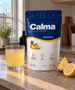 Calma Ananas Yuzu auf der Küchenarbeitsplatte mit Glas