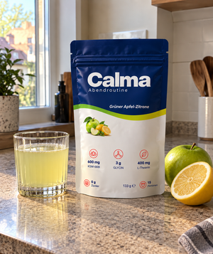 Calma Grüner Apfel Zitrone auf der Küchenarbeitsplatte mit Glas