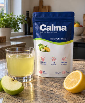 Calma Grüner Apfel Zitrone mit fertigem Drink und Apfel