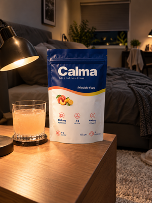 Calma Pfirsich Yuzu am Abend auf dem Nachttisch