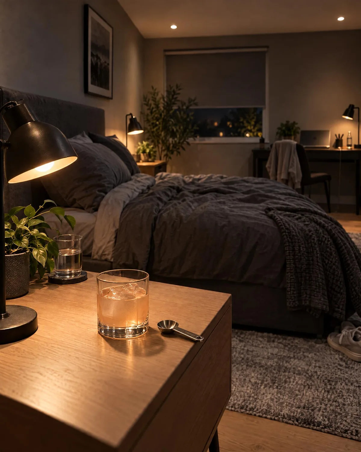 Glas auf dem Nachttisch, Lampe und Buch daneben